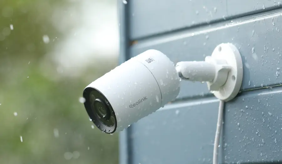 Bullet camera mounted outdoors in the rain