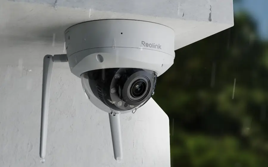 Dome camera mounted outdoors in the rain