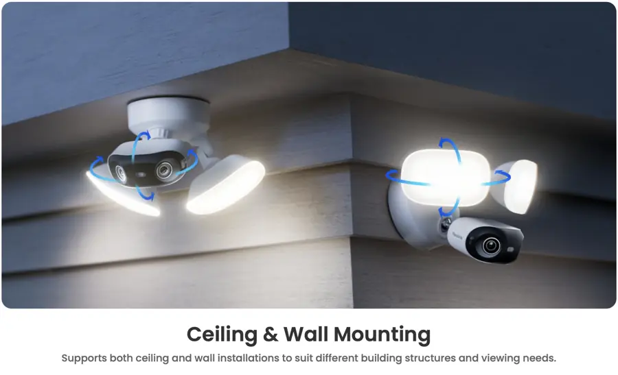 Floodlight cameras mounted on ceiling and wall