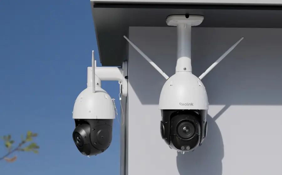 Pan-tilt cameras mounted under an eave