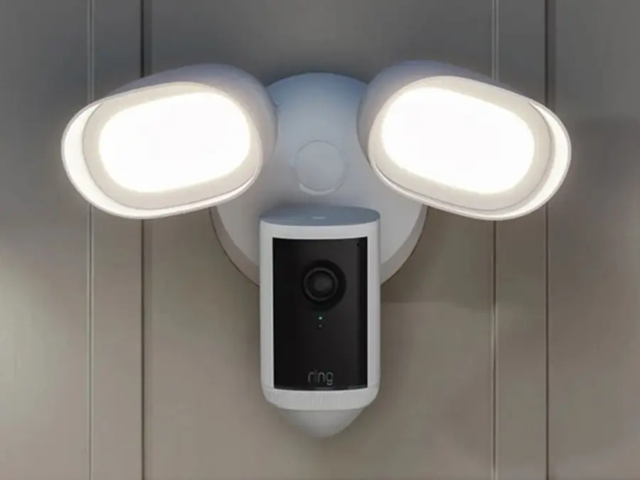 Ring floodlight camera with lights on